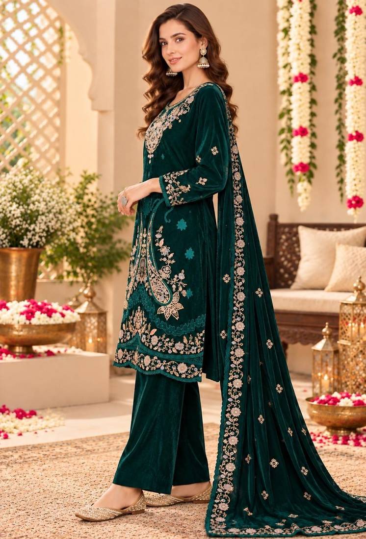 Emerald velvet semi stitched suit with embroidery & sequence work