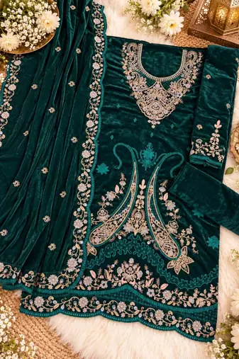 Emerald velvet semi stitched suit with embroidery & sequence work