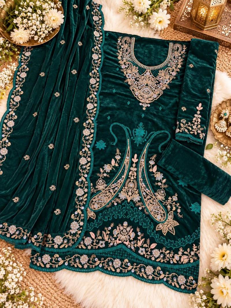 Emerald velvet semi stitched suit with embroidery & sequence work