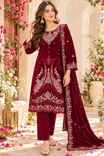 Maroon velvet semi stitched suit with embroidery & sequence work