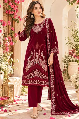Maroon velvet semi stitched suit with embroidery & sequence work