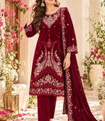 Maroon velvet semi stitched suit with embroidery & sequence work