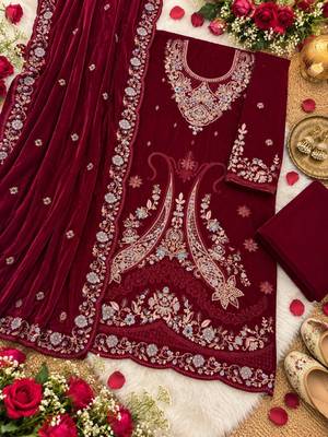 Maroon velvet semi stitched suit with embroidery & sequence work 2