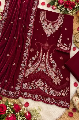 Maroon velvet semi stitched suit with embroidery & sequence work