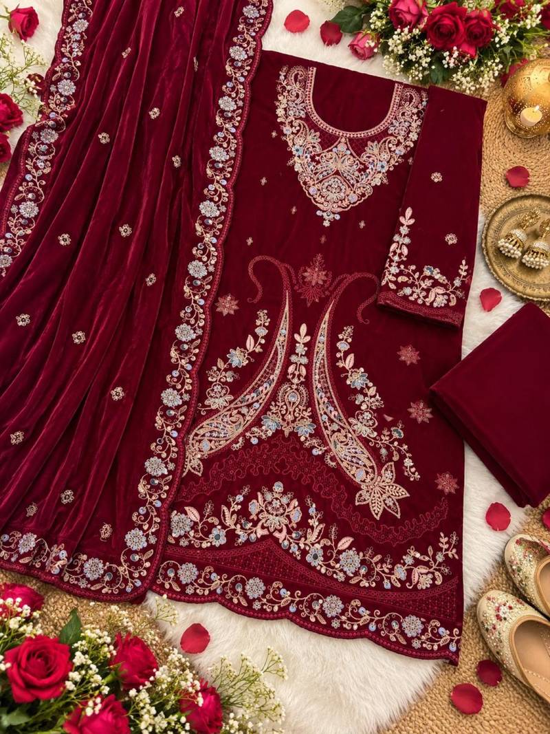 Maroon velvet semi stitched suit with embroidery & sequence work