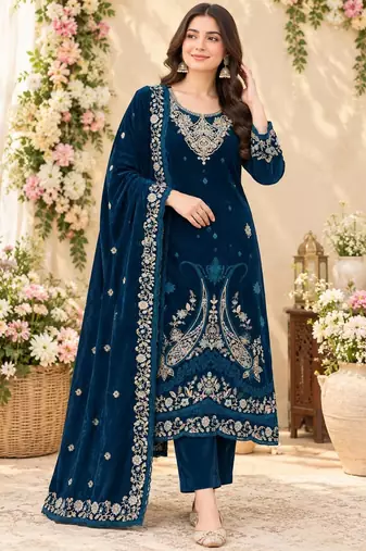 Navy velvet semi stitched suit with embroidery & sequence work