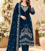 Navy velvet semi stitched suit with embroidery & sequence work
