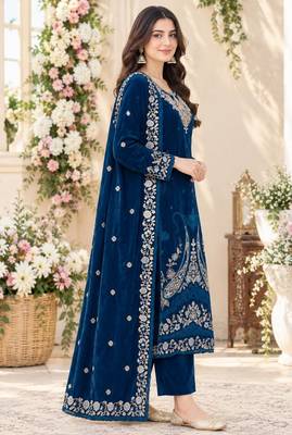 Navy velvet semi stitched suit with embroidery & sequence work 2