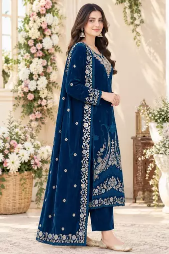 Navy velvet semi stitched suit with embroidery & sequence work