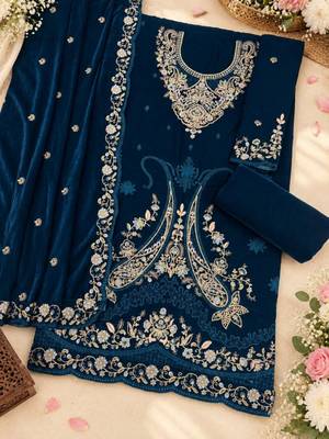 Navy velvet semi stitched suit with embroidery & sequence work 3