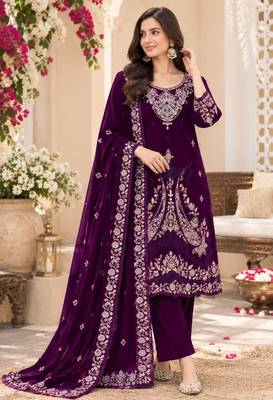 Purple velvet semi stitched suit with embroidery & sequence work 1