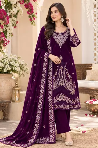 Purple velvet semi stitched suit with embroidery & sequence work