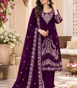 Purple velvet semi stitched suit with embroidery & sequence work