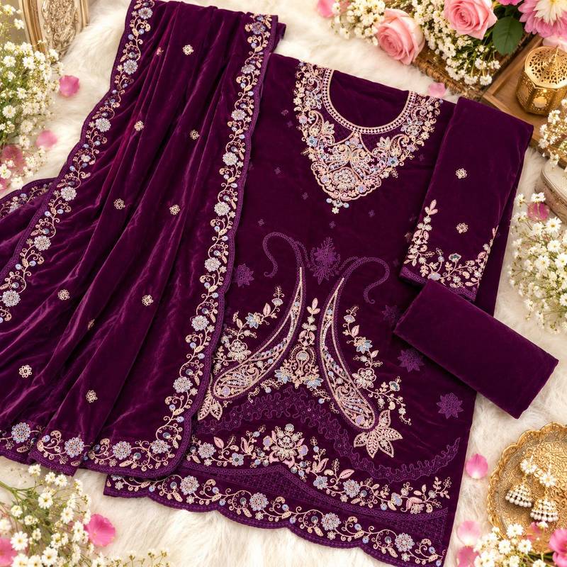 Purple velvet semi stitched suit with embroidery & sequence work