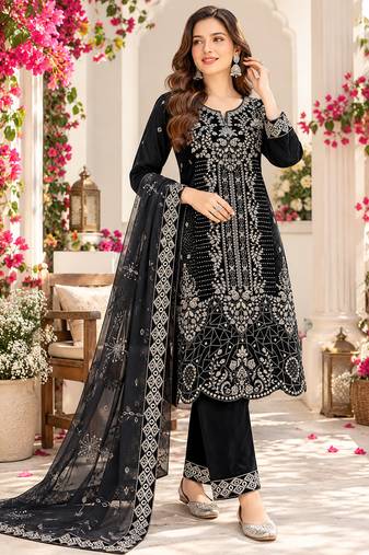 Black velvet semi stitched suit with embroidery & sequence work