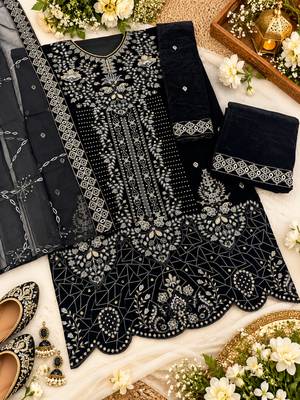 Black velvet semi stitched suit with embroidery & sequence work 2