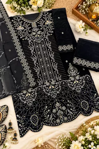 Black velvet semi stitched suit with embroidery & sequence work