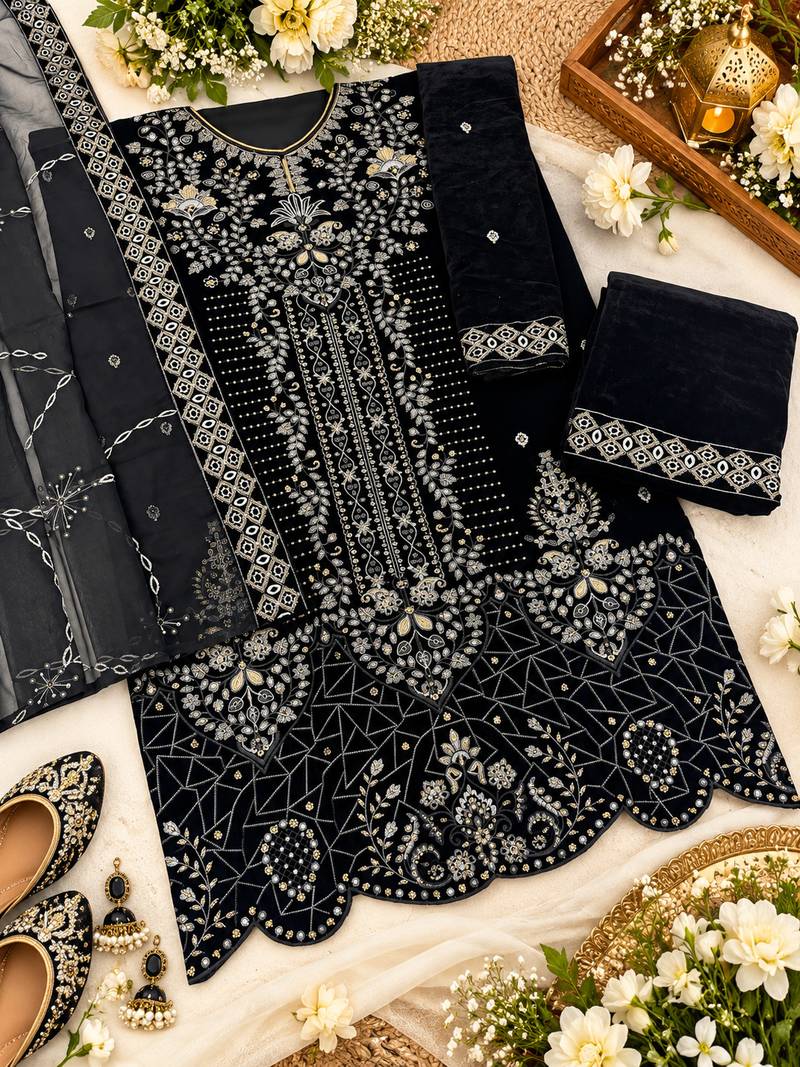 Black velvet semi stitched suit with embroidery & sequence work