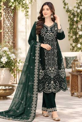 Emerald velvet semi stitched suit with embroidery & sequence work 1