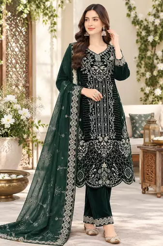 Emerald velvet semi stitched suit with embroidery & sequence work