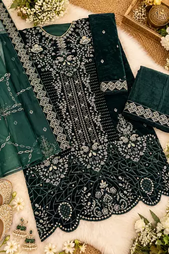 Emerald velvet semi stitched suit with embroidery & sequence work