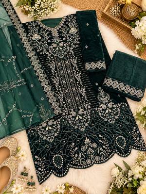 Teal velvet semi stitched suit with embroidery & sequence work 1