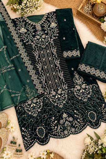 Teal velvet semi stitched suit with embroidery & sequence work