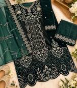 Teal velvet semi stitched suit with embroidery & sequence work