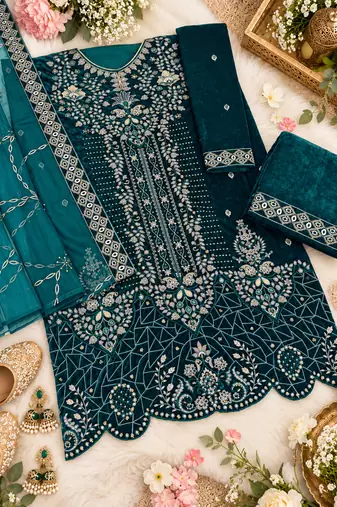 Teal velvet semi stitched suit with embroidery & sequence work