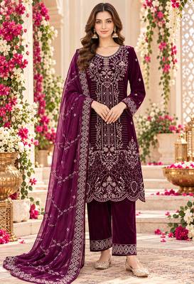 Wine velvet semi stitched suit with embroidery & sequence work 1