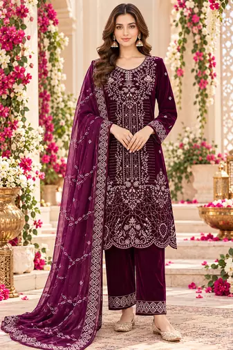 Wine velvet semi stitched suit with embroidery & sequence work