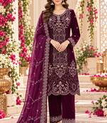 Wine velvet semi stitched suit with embroidery & sequence work