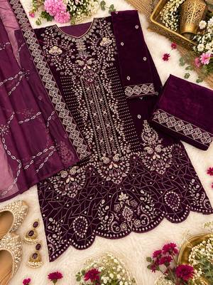 Wine velvet semi stitched suit with embroidery & sequence work 2