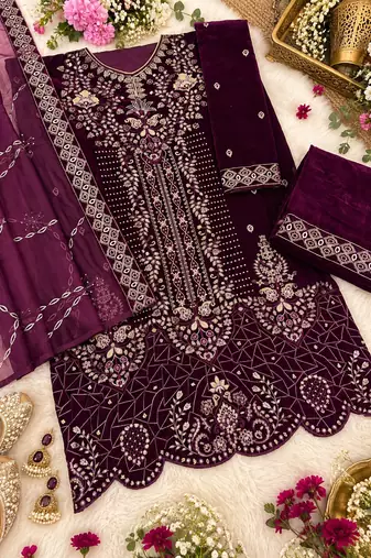 Wine velvet semi stitched suit with embroidery & sequence work