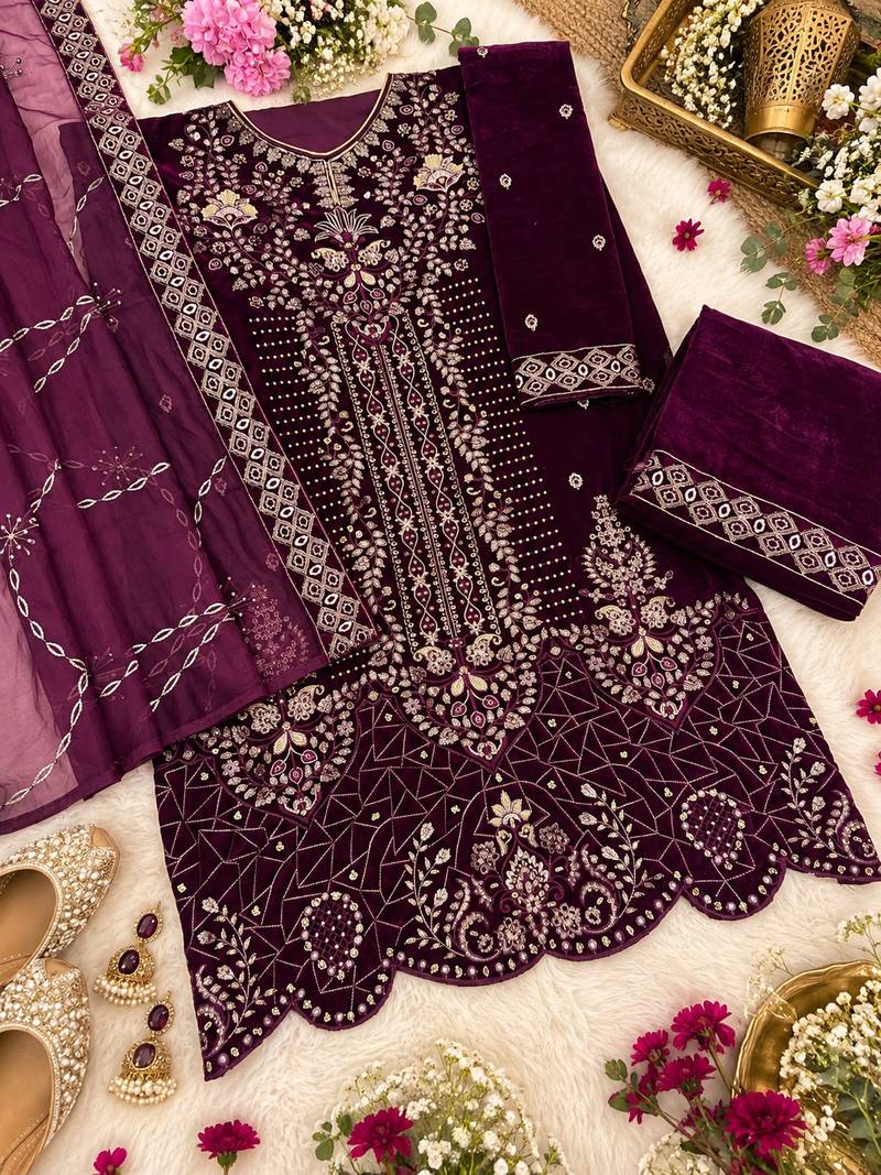 Wine velvet semi stitched suit with embroidery & sequence work