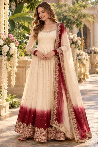 White & maroon georgette readymade anarkali suit with embroidery & sequence work