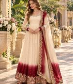White & maroon georgette readymade anarkali suit with embroidery & sequence work