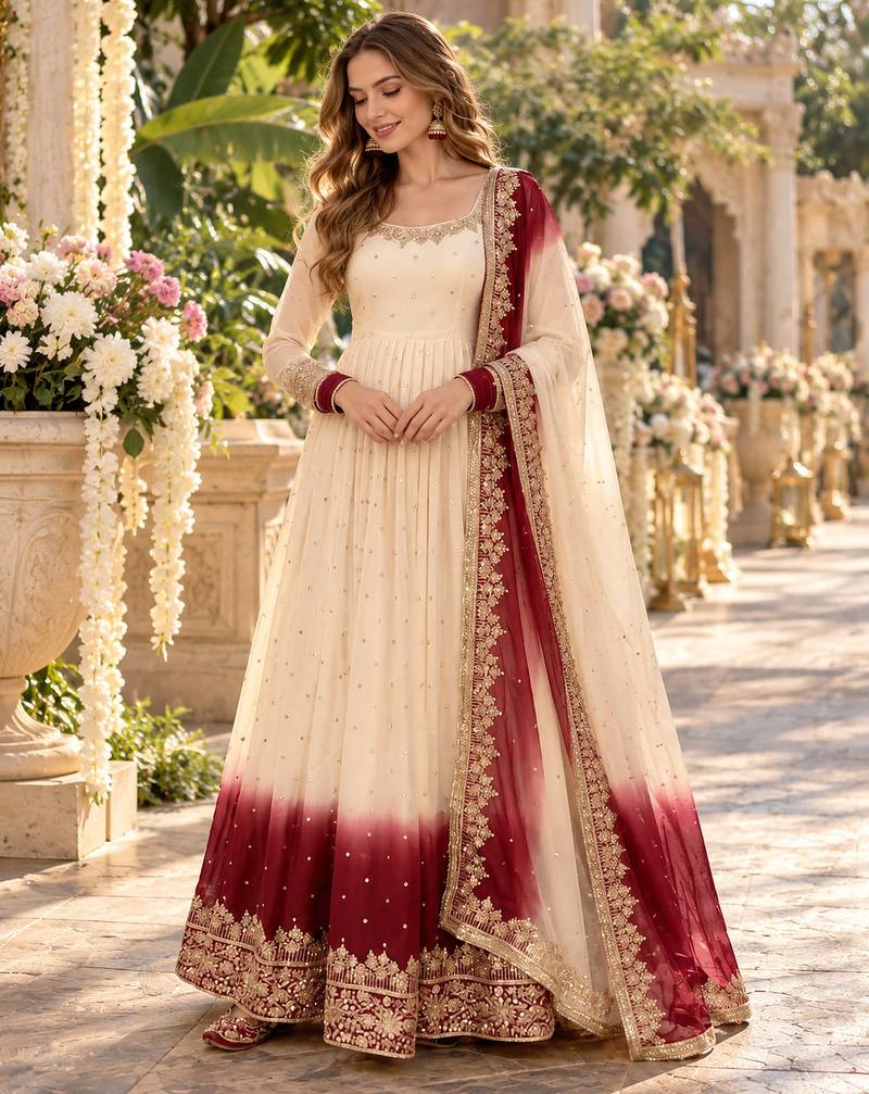 White & maroon georgette readymade anarkali suit with embroidery & sequence work
