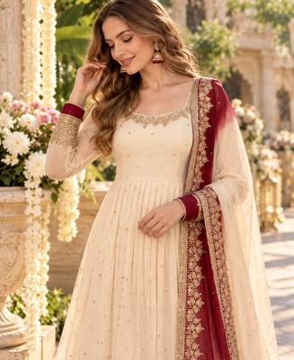 White & maroon georgette readymade anarkali suit with embroidery & sequence work 2