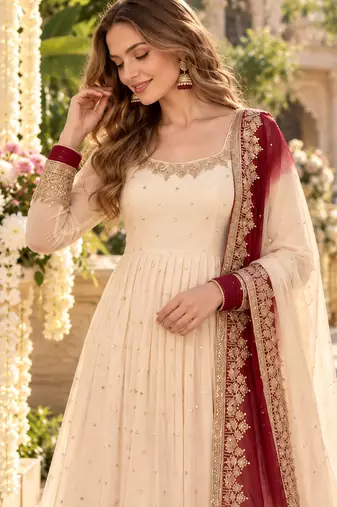 White & maroon georgette readymade anarkali suit with embroidery & sequence work