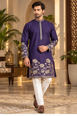 Purple Color Embroidered Foil Gold Work Design Fabric Soft Silk Mens Ethnic Wear Festival Kurta Pajama Set 1