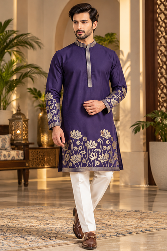 Purple Color Embroidered Foil Gold Work Design Fabric Soft Silk Mens Ethnic Wear Festival Kurta Pajama Set