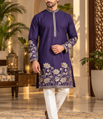 Purple Color Embroidered Foil Gold Work Design Fabric Soft Silk Mens Ethnic Wear Festival Kurta Pajama Set