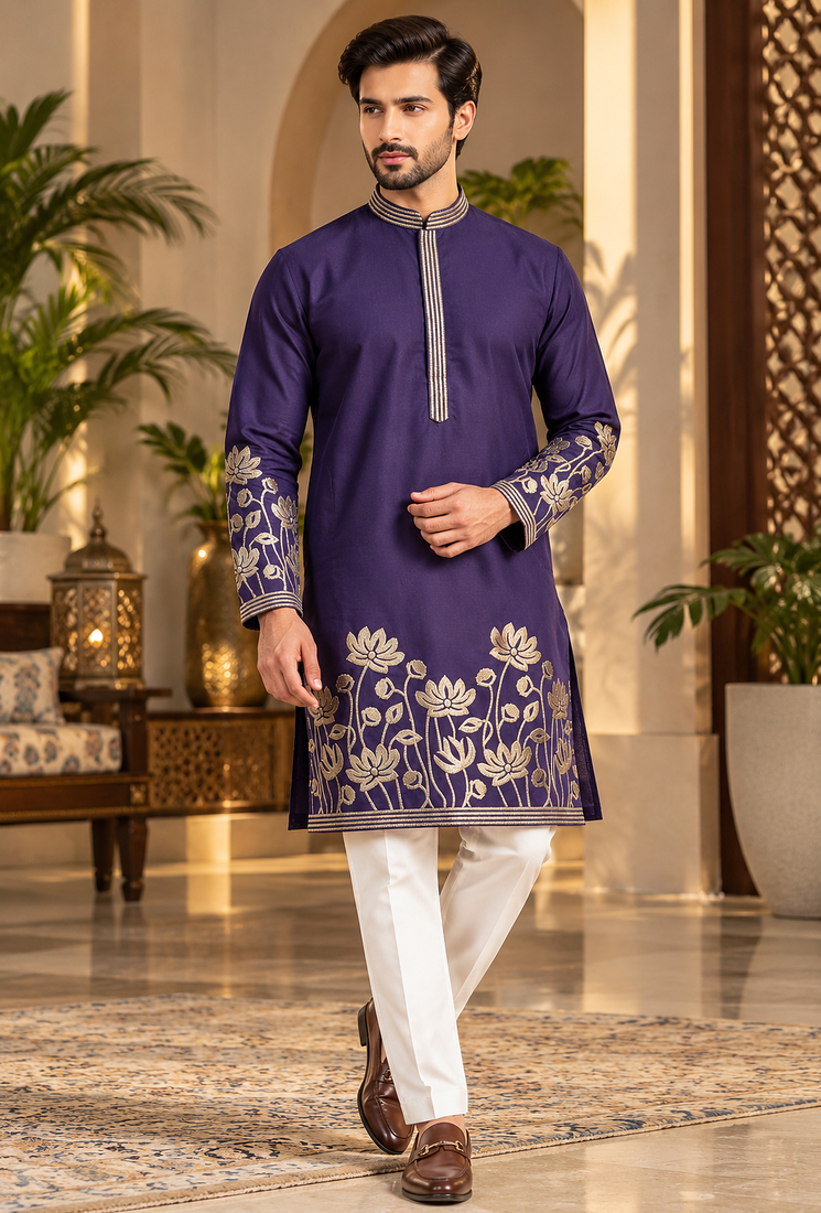 Purple Color Embroidered Foil Gold Work Design Fabric Soft Silk Mens Ethnic Wear Festival Kurta Pajama Set