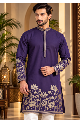 Purple Color Embroidered Foil Gold Work Design Fabric Soft Silk Mens Ethnic Wear Festival Kurta Pajama Set 2