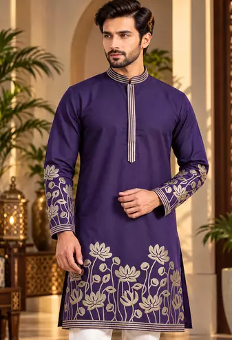 Purple Color Embroidered Foil Gold Work Design Fabric Soft Silk Mens Ethnic Wear Festival Kurta Pajama Set