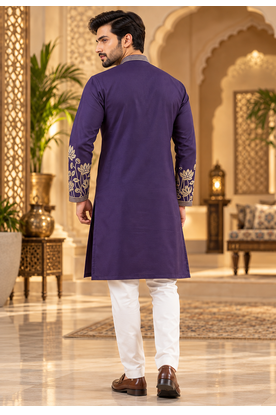 Purple Color Embroidered Foil Gold Work Design Fabric Soft Silk Mens Ethnic Wear Festival Kurta Pajama Set 3