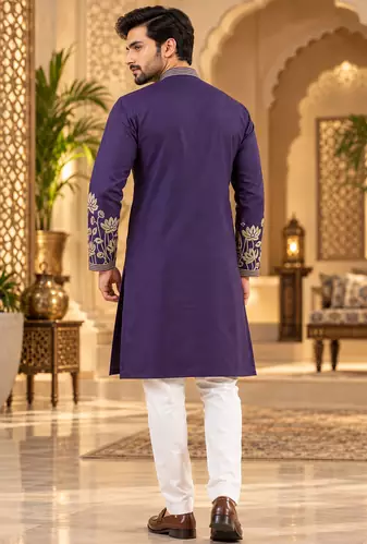 Purple Color Embroidered Foil Gold Work Design Fabric Soft Silk Mens Ethnic Wear Festival Kurta Pajama Set