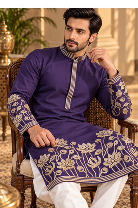Purple Color Embroidered Foil Gold Work Design Fabric Soft Silk Mens Ethnic Wear Festival Kurta Pajama Set 4