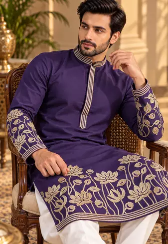 Purple Color Embroidered Foil Gold Work Design Fabric Soft Silk Mens Ethnic Wear Festival Kurta Pajama Set